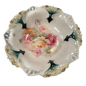 RS Prussia Porcelain Bowl Footed Floral Fluted Gold Trim Scalloped Vintage